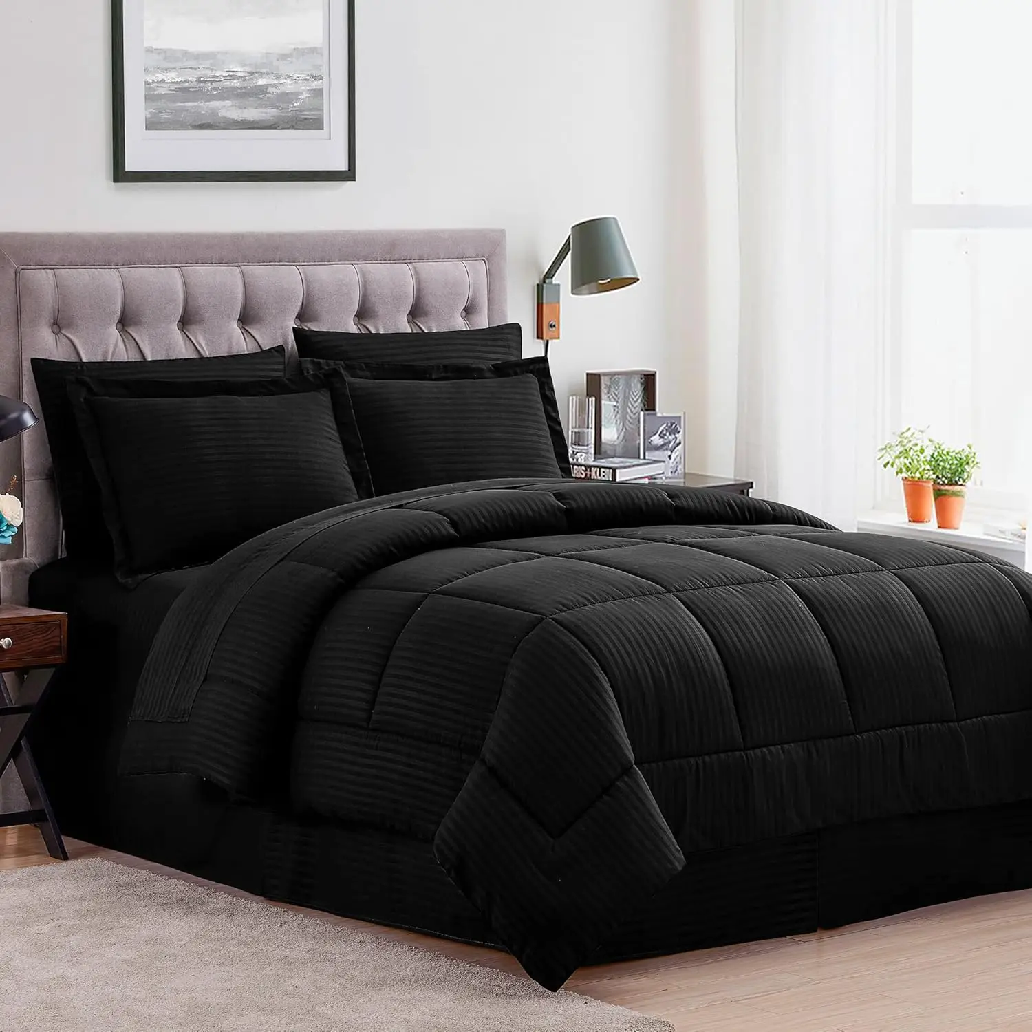 Queen Size 8-Piece Comforter Set with Bed Skirt, Sheets, Pillowcases, Shams in Dobby Black
Queen Size 8-Piece Comforter Set with Bed Skirt, Sheets, Pillowcases, Shams in Dobby Black
