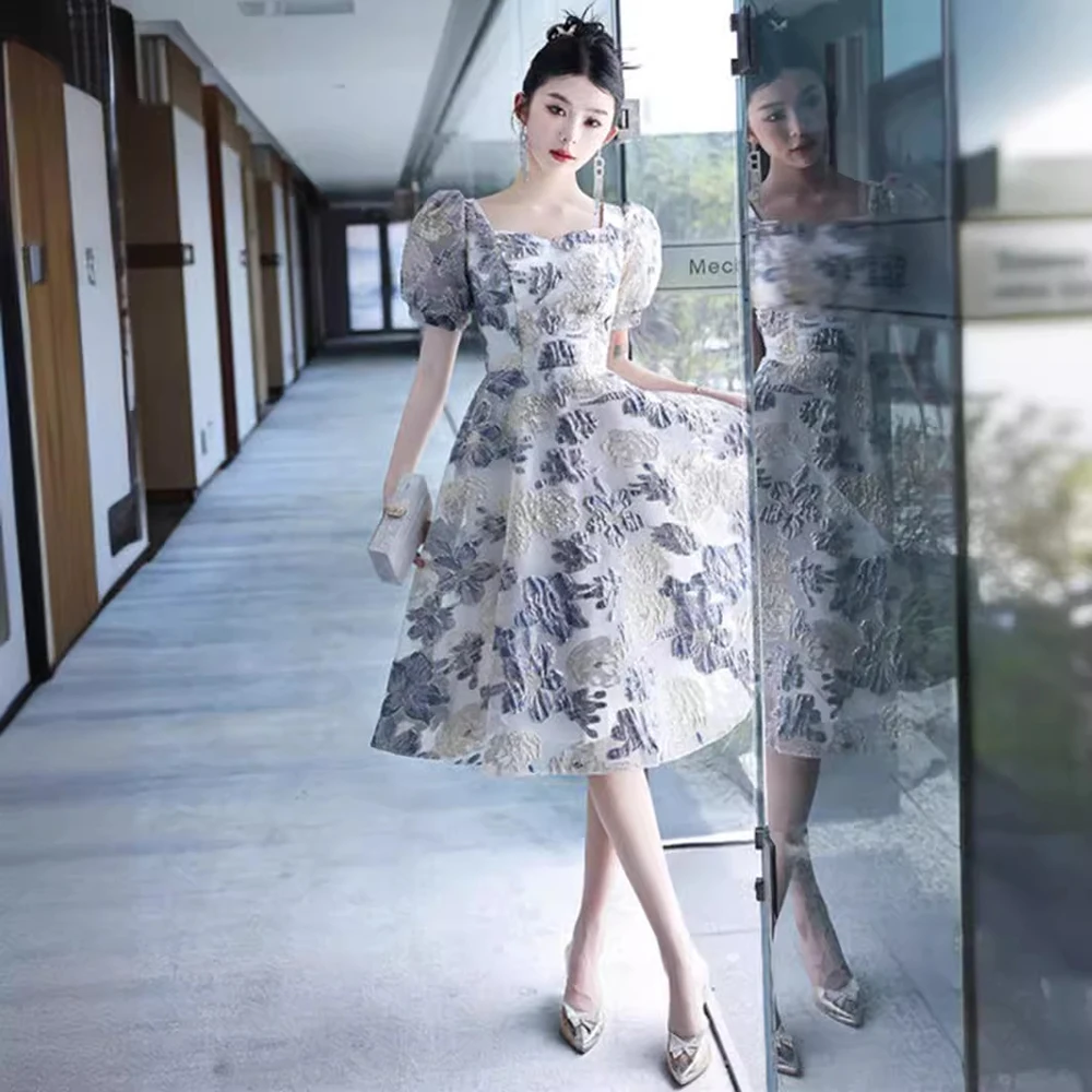 Elegant Flower Print Evening Gown Women's Square Neck Puffy Sleeves Slim Waist A-Line Knee-Length Female Graduation Dress
Elegant Flower Print Evening Gown Women's Square Neck Puffy Sleeves Slim Waist A-Line Knee-Length Female Graduation Dress