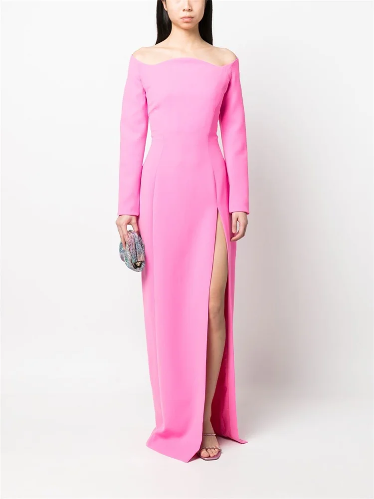 Customized Off Shoulder Neckline Long Sleeves Straight Satin Evening Dress Back Zipper Floor Length Front Slit Gown For Women
Customized Off Shoulder Neckline Long Sleeves Straight Satin Evening Dress Back Zipper Floor Length Front Slit Gown For Women