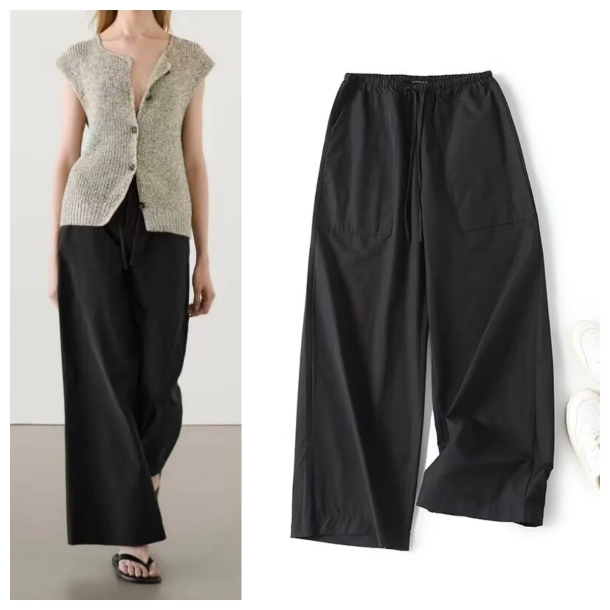 Fashionable and versatile solid color pocket drawstring wide-leg pants for women casual sports style trousers
Fashionable and versatile solid color pocket drawstring wide-leg pants for women casual sports style trousers