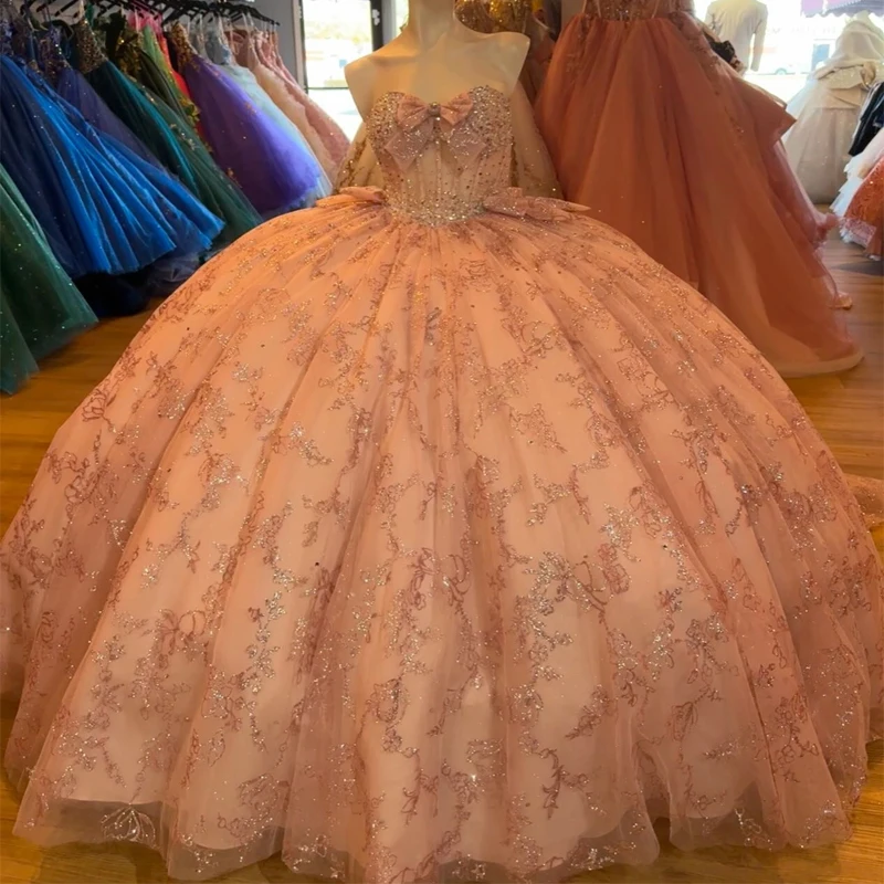 Customized Pink Shiny Quinceanera Dresses Off The Shoulder Sequin Lace Applique Beads Bow Tull Ball Gown Birthday Party Sweet 16
Customized Pink Shiny Quinceanera Dresses Off The Shoulder Sequin Lace Applique Beads Bow Tull Ball Gown Birthday Party Sweet 16