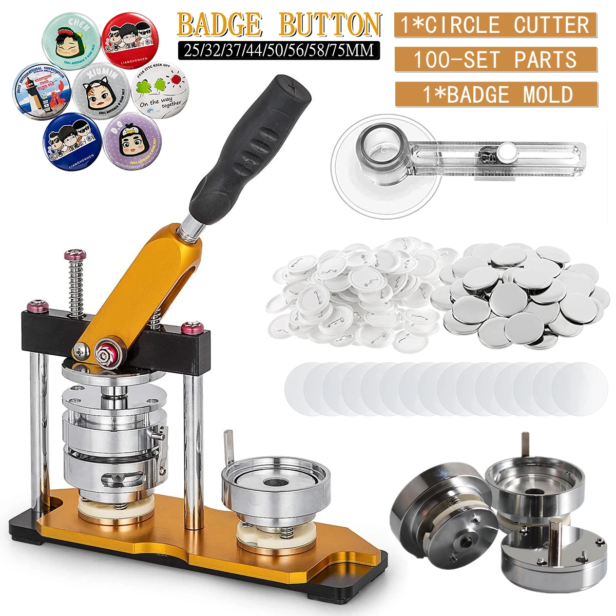 25MM-75MM Brooch Badge Button Maker Machine, DIY Button Press Pin Badges Maker Set, with 100 Pcs Button Parts+Circle Cutter+Mold
25MM-75MM Brooch Badge Button Maker Machine, DIY Button Press Pin Badges Maker Set, with 100 Pcs Button Parts+Circle Cutter+Mold