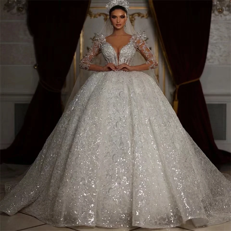Flavinke Customized Princess Sparkly Wedding Dresses V Neck Ball Gown Sequins Long Sleeve Lace Bridal Gowns Vestido de noiva
Flavinke Customized Princess Sparkly Wedding Dresses V Neck Ball Gown Sequins Long Sleeve Lace Bridal Gowns Vestido de noiva