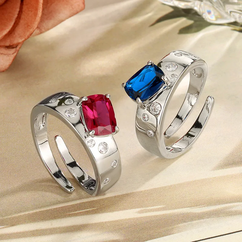 Adjustable Band Ring with Emerald Cut Red Blue Cubic Zirconia Fashion Statement Jewelry for Women Wedding Party Gift
Adjustable Band Ring with Emerald Cut Red Blue Cubic Zirconia Fashion Statement Jewelry for Women Wedding Party Gift