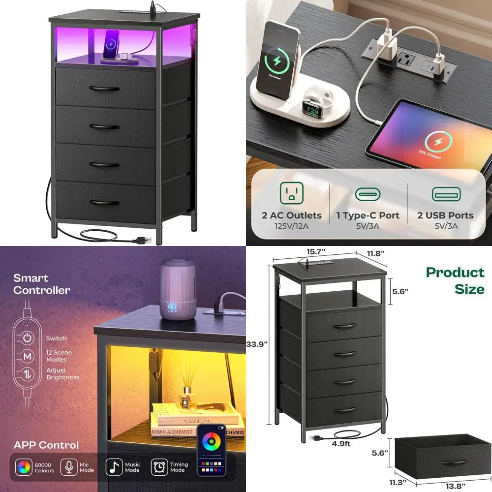 LED-Illuminated 4-Drawer Nightstand with Charging Station and Fabric Drawers, Modern Bedside Table with Open Shelf, End Table De
LED-Illuminated 4-Drawer Nightstand with Charging Station and Fabric Drawers, Modern Bedside Table with Open Shelf, End Table De