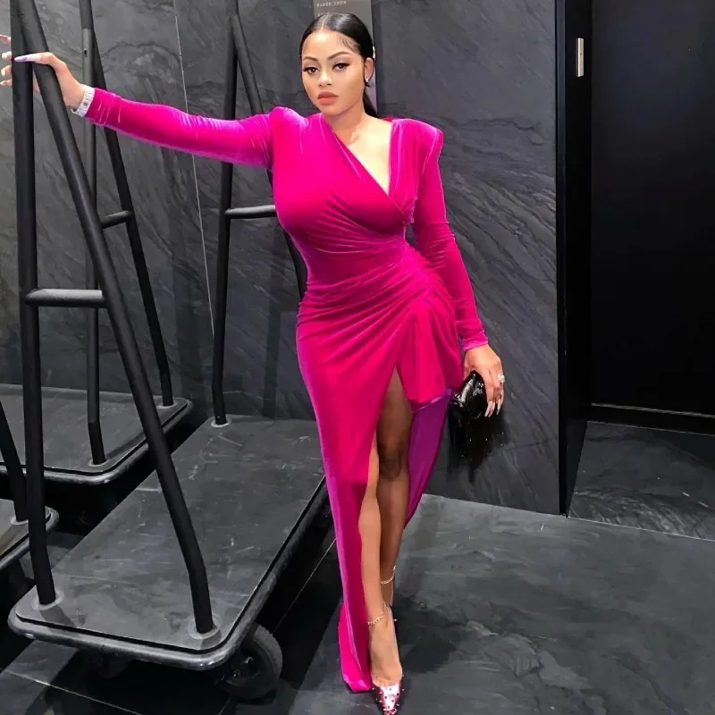 Women Fashion Sexy Asymmetrical Velvet Dress Christmas V Neck Long Sleeve Ruched Split Bodycon Maxi Evening Party Dresses
Women Fashion Sexy Asymmetrical Velvet Dress Christmas V Neck Long Sleeve Ruched Split Bodycon Maxi Evening Party Dresses