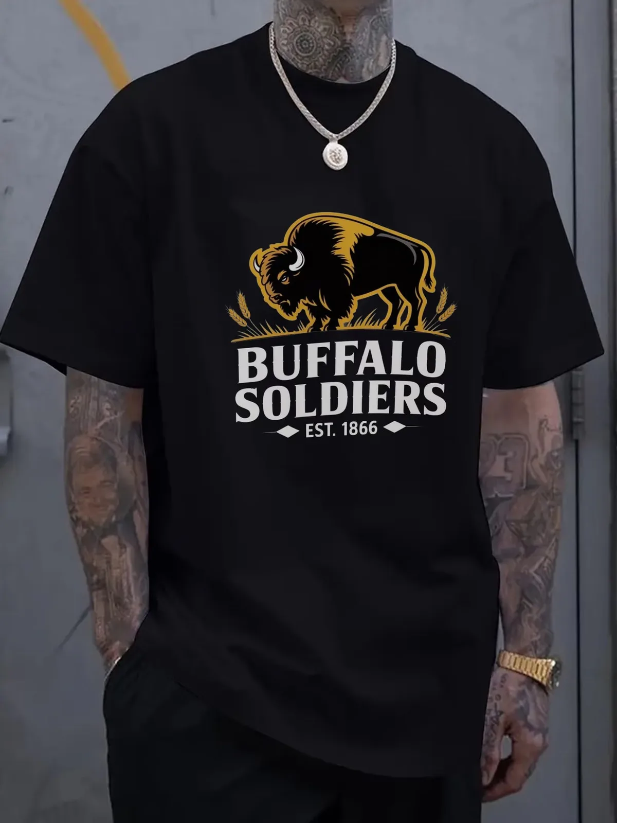 Black T-Shirt with Buffalo Soldiers Design - Casual Style
Black T-Shirt with Buffalo Soldiers Design - Casual Style