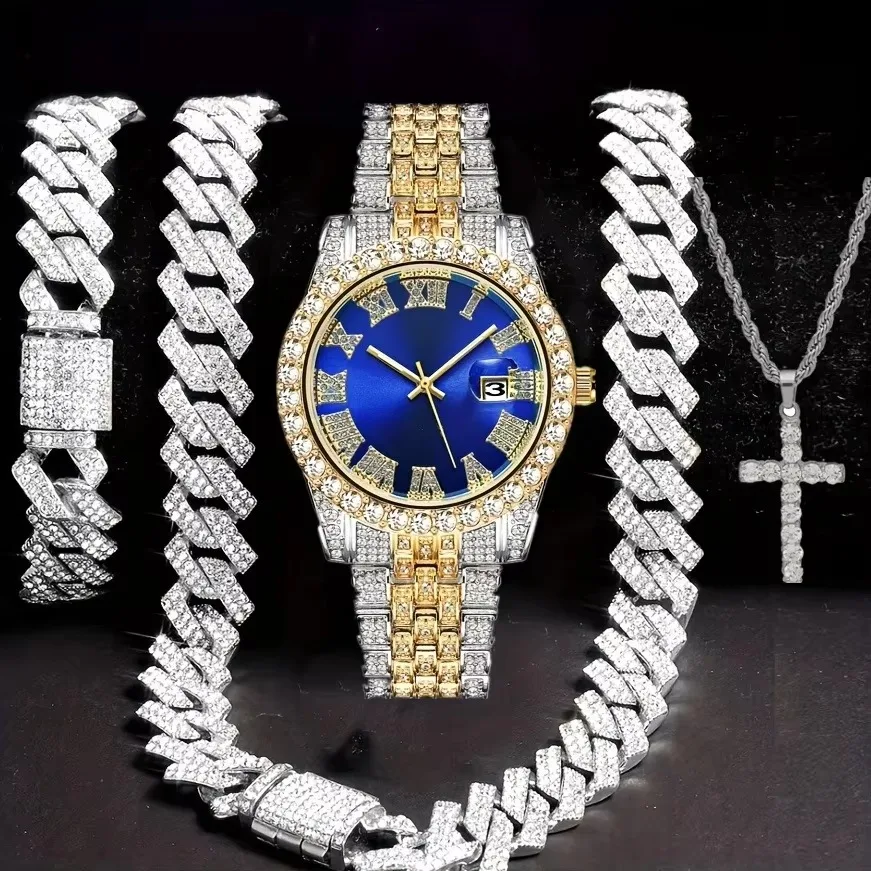 4pcs/set Mens Bling Wrist Bracelete Watch & Hip Hop Cuban Chain Necklace Set Rhinestone Accented Electronic Quartz Jewelry 
4pcs/set Mens Bling Wrist Bracelete Watch & Hip Hop Cuban Chain Necklace Set Rhinestone Accented Electronic Quartz Jewelry
