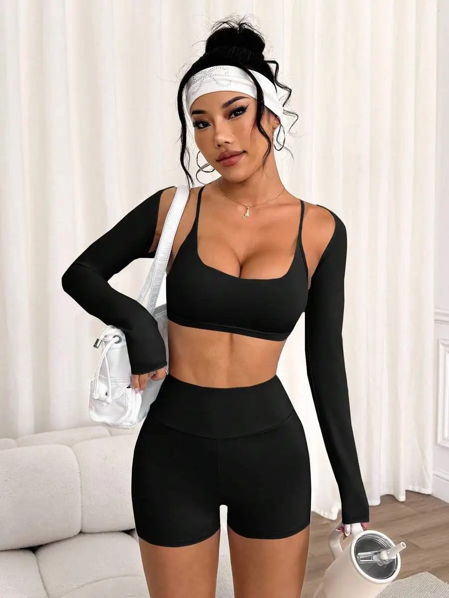 Women 3 Piece Workout Set: Long Sleeve Crop Top, Spaghetti Strap Sports Bra, High Waist Shorts
Women 3 Piece Workout Set: Long Sleeve Crop Top, Spaghetti Strap Sports Bra, High Waist Shorts