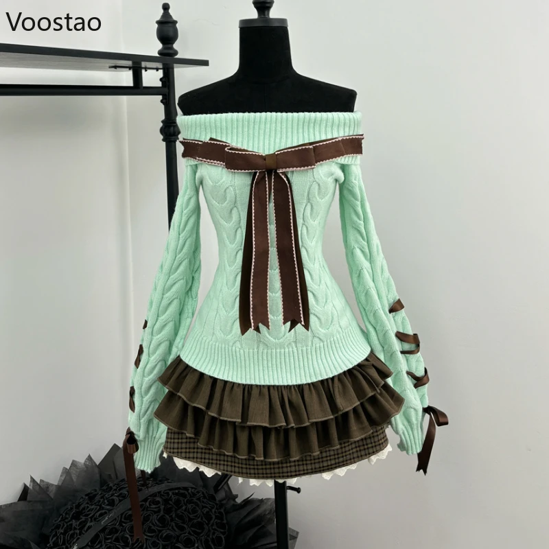 Autumn Winter Sweet Lolita Style 2 Piece Set Women Kawaii Slash Neck Bow Knitted Sweater Mini Cake Skirt Suit Femme Y2k Outfits
Autumn Winter Sweet Lolita Style 2 Piece Set Women Kawaii Slash Neck Bow Knitted Sweater Mini Cake Skirt Suit Femme Y2k Outfits