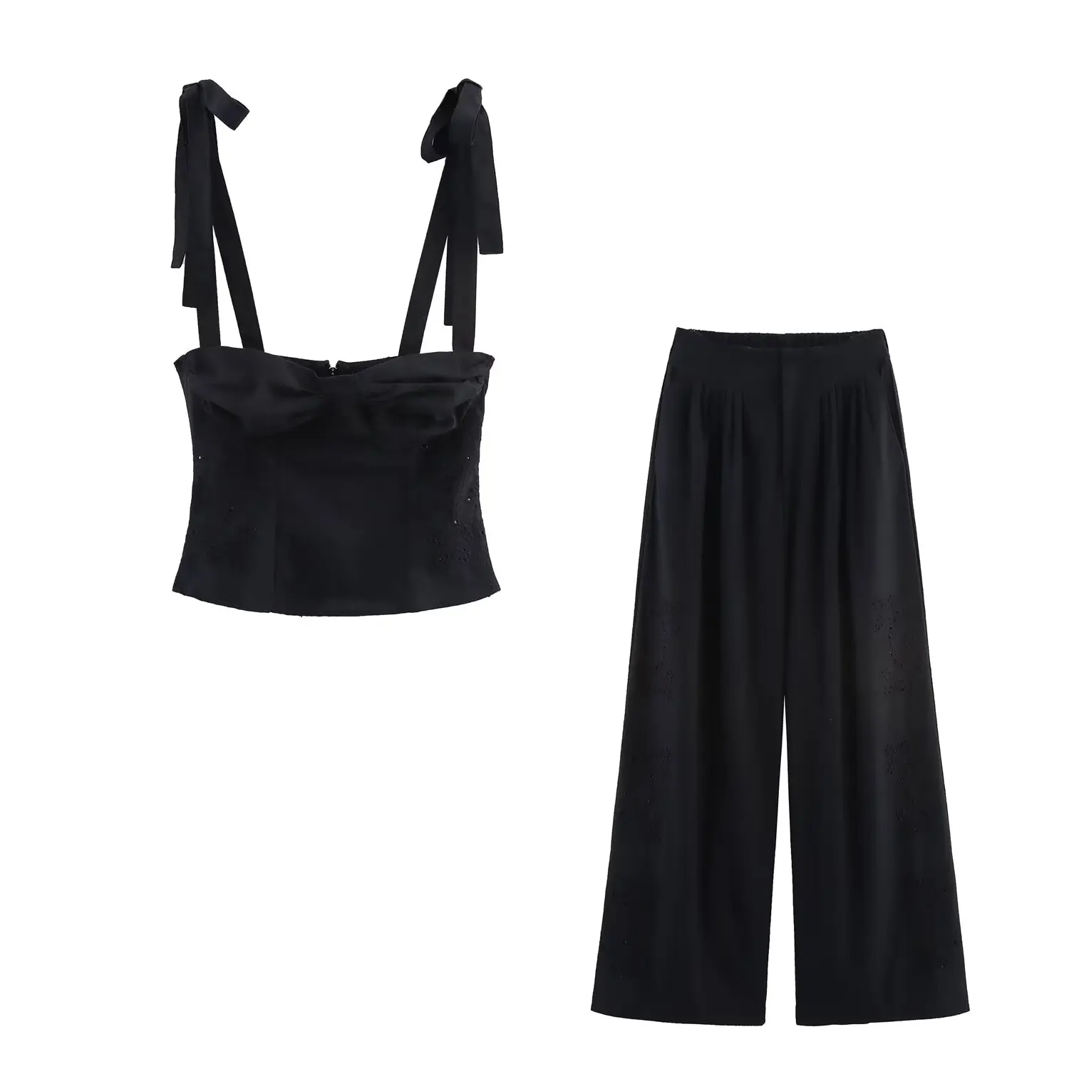 Women's new fashion bow decoration short embroidered suspender top retro backless women's vest chic top+Pants suit
Women's new fashion bow decoration short embroidered suspender top retro backless women's vest chic top+Pants suit