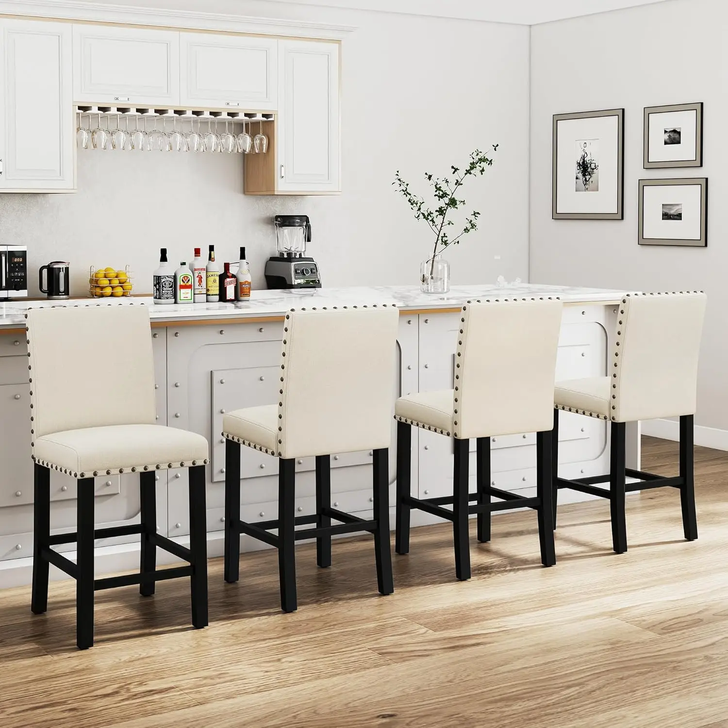 24" Counter Height Bar Stools Black Wood Legs Nailhead Upholstered Kitchen Beige Set 4, Customized
24" Counter Height Bar Stools Black Wood Legs Nailhead Upholstered Kitchen Beige Set 4, Customized