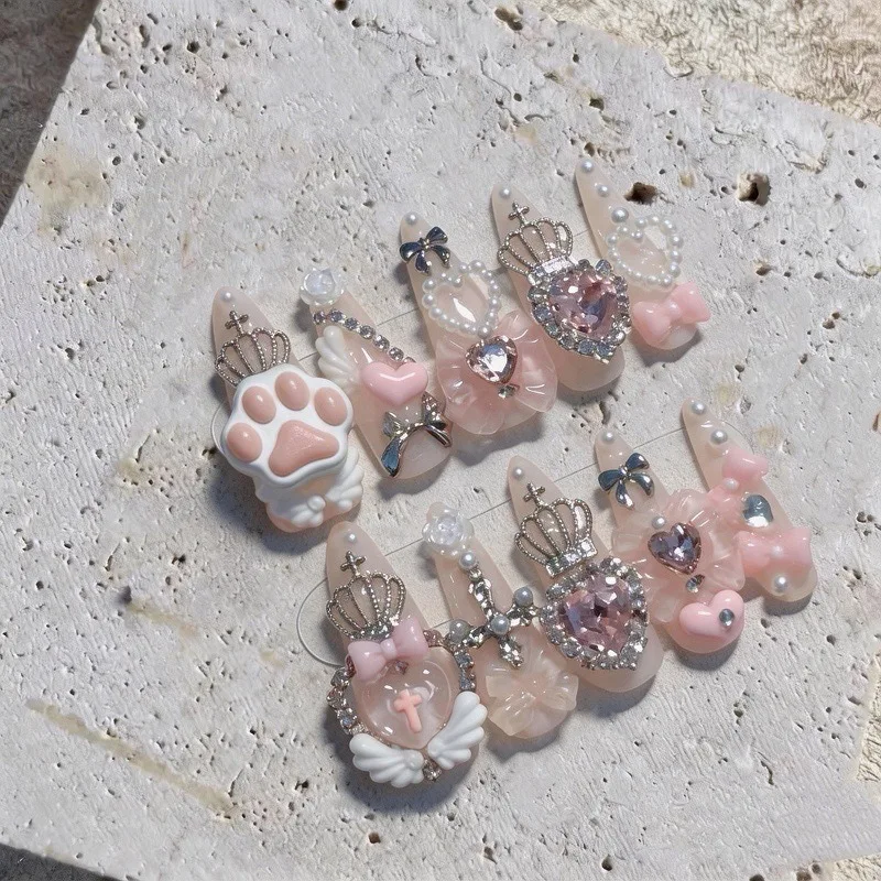 10PCS Sweet Cream Pink Mid-length Oval Press on Nails Handmade Cute 3D Cat Paw Crown Bow Rhinestone Luxury Y2k Almond False Nail
10PCS Sweet Cream Pink Mid-length Oval Press on Nails Handmade Cute 3D Cat Paw Crown Bow Rhinestone Luxury Y2k Almond False Nail