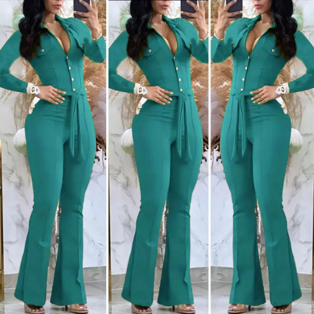 Women Jumpsuit Lapel Half Single-breasted Lady Jumpsuit Slim Fit Flared Cuff Low-cut Belted High Waist Elastic Female Jumpsuit
Women Jumpsuit Lapel Half Single-breasted Lady Jumpsuit Slim Fit Flared Cuff Low-cut Belted High Waist Elastic Female Jumpsuit