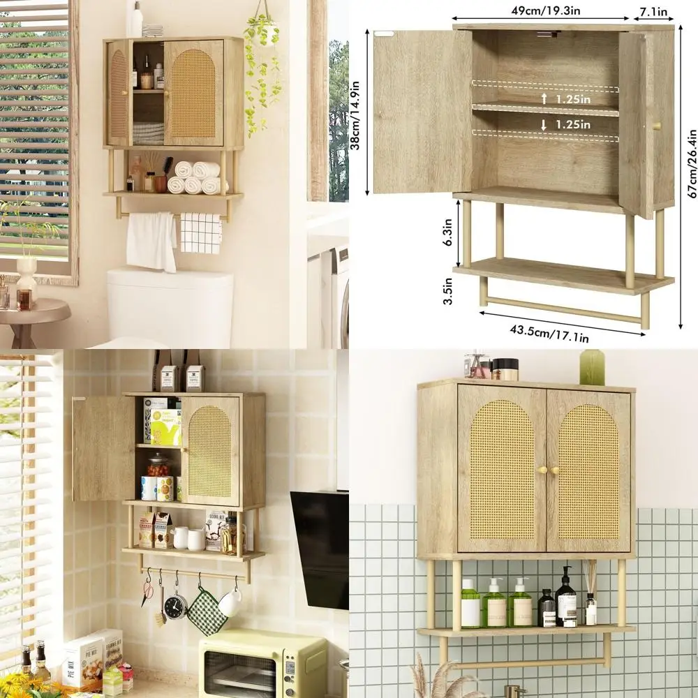 Mid-Sized Natural Rattan Bathroom Wall Cabinet with Two Doors, Adjustable Shelf & Towel Bar
Mid-Sized Natural Rattan Bathroom Wall Cabinet with Two Doors, Adjustable Shelf & Towel Bar