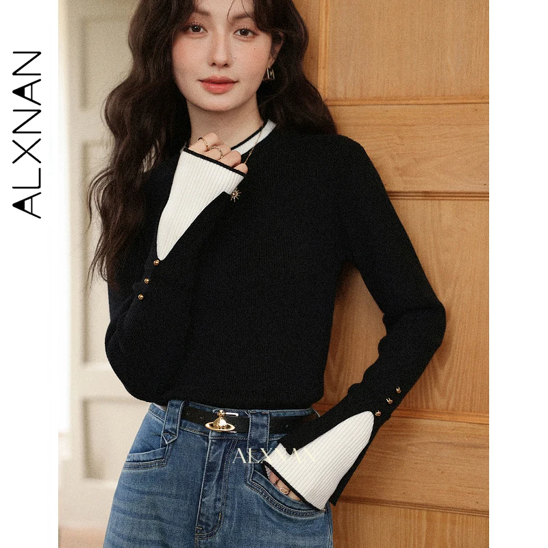 ALXNAN Women's Slim-fit Knitted Top with Color-blocking Panels Contrast Button Accents Long Sleeve Round Neck Pullover L57515
ALXNAN Women's Slim-fit Knitted Top with Color-blocking Panels Contrast Button Accents Long Sleeve Round Neck Pullover L57515