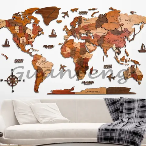 Nordic 3D Solid Wood World Map Wall Decorative Creative Wall Stickers Office