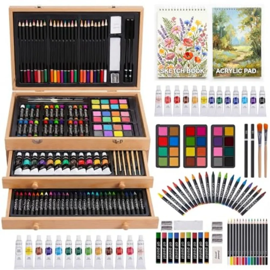 175-Pack Deluxe en Art Set Drawing Painting Kit with 2 Drawing Pads Acrylic Paints Colored Pencils Crayons Paint Brush Art Kit
175-Pack Deluxe en Art Set Drawing Painting Kit with 2 Drawing Pads Acrylic Paints Colored Pencils Crayons Paint Brush Art Kit
