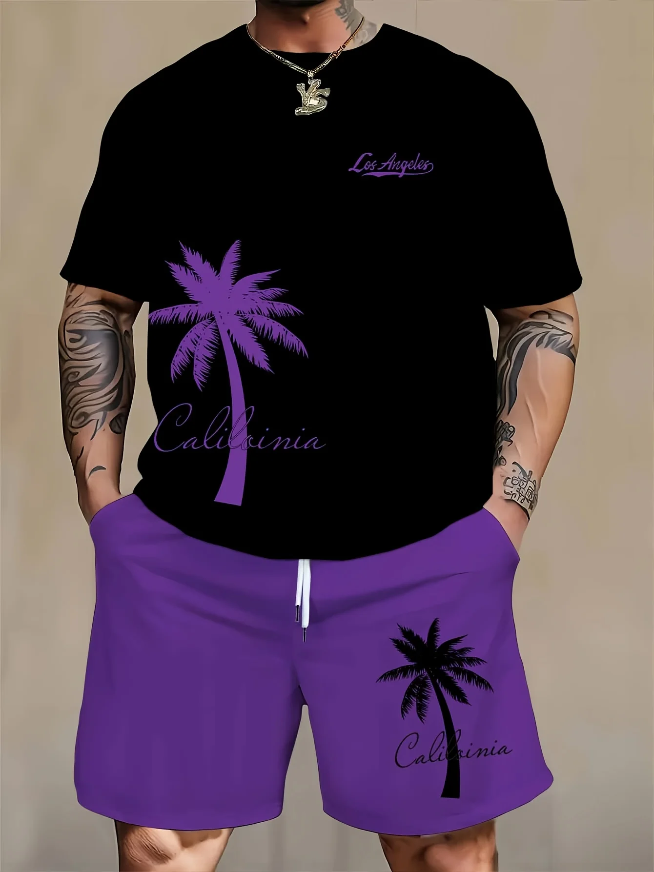 Men's 3D Printed T-Shirt and Shorts Set - Casual/Sports, Breathable Polyester, Machine Washable, Black and Purple
Men's 3D Printed T-Shirt and Shorts Set - Casual/Sports, Breathable Polyester, Machine Washable, Black and Purple