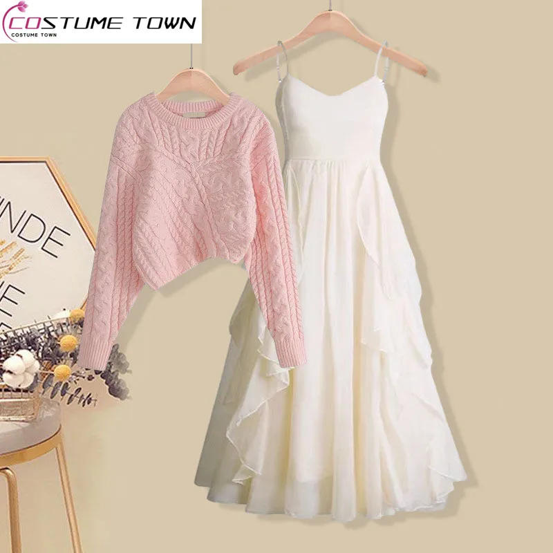 Autumn and Winter Set Women's 2023 New Korean Version Lazy Style Loose Knitted Sweater Sling Dress Two Piece Set
Autumn and Winter Set Women's 2023 New Korean Version Lazy Style Loose Knitted Sweater Sling Dress Two Piece Set