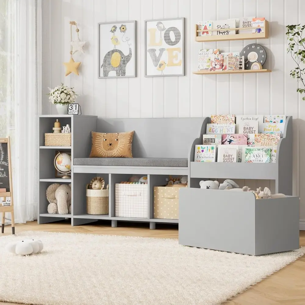 67 Large Kids Reading Nook with Toy Storage, Bookshelf on Wheels, Bench, and 6 Cubbies in Grey
67 Large Kids Reading Nook with Toy Storage, Bookshelf on Wheels, Bench, and 6 Cubbies in Grey