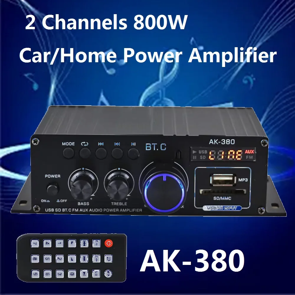 AK-380 Bluetooth 2 Channel Car Hi-Fi Audio Amplifier Stereo Power Amp with Remote Control USB SD AUX Input For Home
AK-380 Bluetooth 2 Channel Car Hi-Fi Audio Amplifier Stereo Power Amp with Remote Control USB SD AUX Input For Home