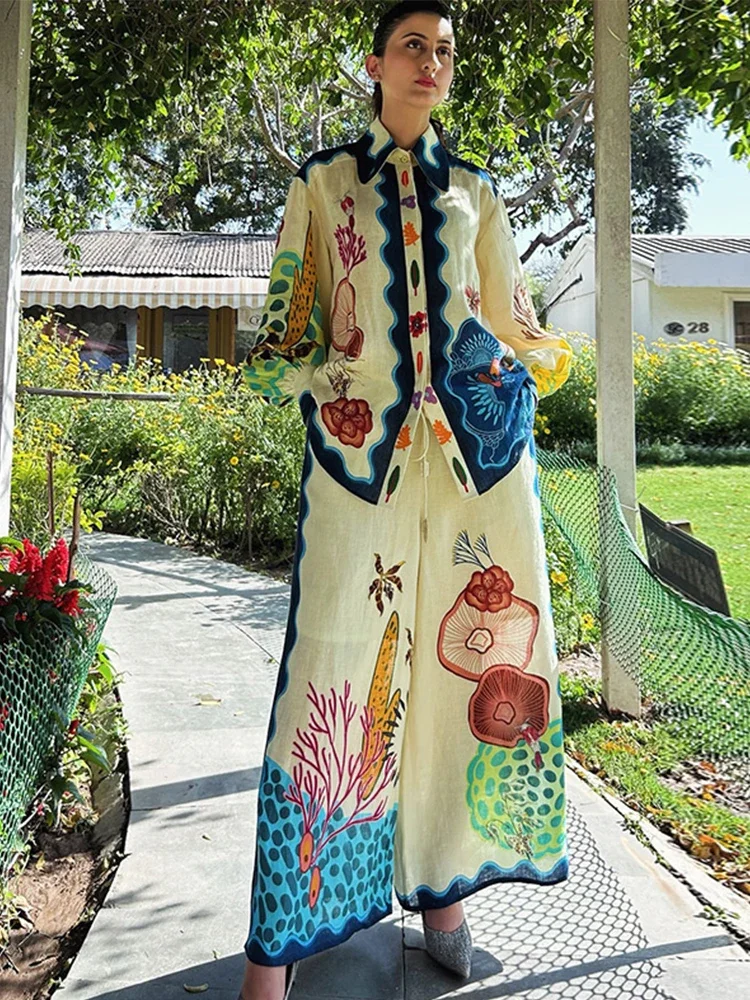 Print Wide Leg Pants Suits Women Vintage Long Puff Sleeve Lapel Shirt Elastic Waist Autumn Casual Streetwear Lady Two Piece Sets
Print Wide Leg Pants Suits Women Vintage Long Puff Sleeve Lapel Shirt Elastic Waist Autumn Casual Streetwear Lady Two Piece Sets