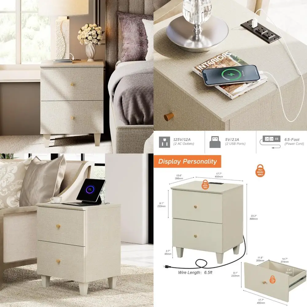 Bedside Table with Charging Station, 2 Drawers, Dual AC Outlets and USB Ports, Modern Mid-Century Nightstand for Bedroom
Bedside Table with Charging Station, 2 Drawers, Dual AC Outlets and USB Ports, Modern Mid-Century Nightstand for Bedroom
