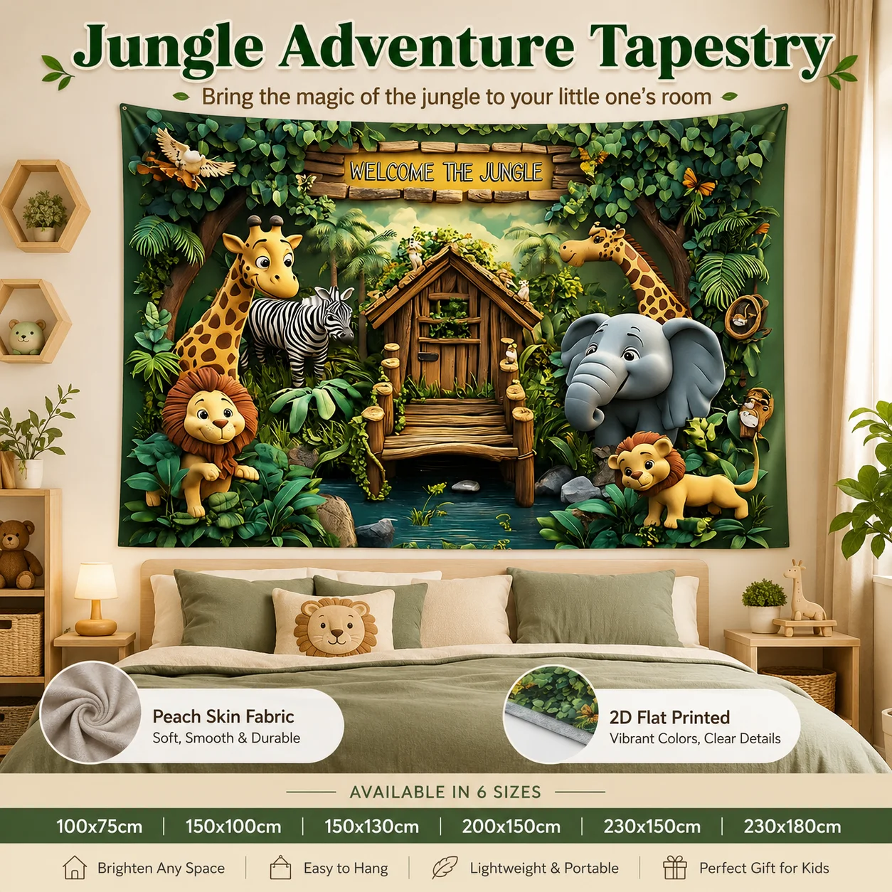 Jungle Adventure Tapestry Cartoon Animal Lion Giraffe Elephant 2D Flat Printed Peach Skin Wall Hanging Kids Bedroom Playroom
Jungle Adventure Tapestry Cartoon Animal Lion Giraffe Elephant 2D Flat Printed Peach Skin Wall Hanging Kids Bedroom Playroom