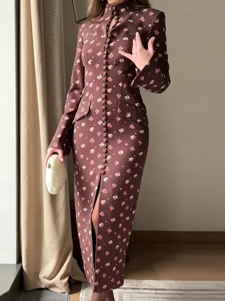 Maxi Dress For Women Fashion Stand Collar Button Down Floral Print Front Slit Long Sleeve Form-Fitting Lady's Silhouette Attire
Maxi Dress For Women Fashion Stand Collar Button Down Floral Print Front Slit Long Sleeve Form-Fitting Lady's Silhouette Attire