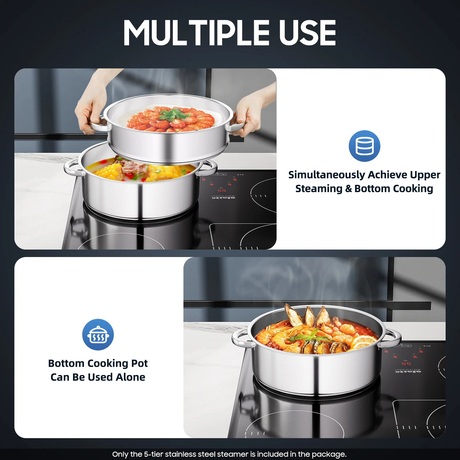 5-Tiers Stainless Steel Steamer 11in Diameter Large Stackable Steaming Pot with Anti-Scald Handles for Vegetables Dumplings Fish Silver
5-Tiers Stainless Steel Steamer 11in Diameter Large Stackable Steaming Pot with Anti-Scald Handles for Vegetables Dumplings Fish Silver