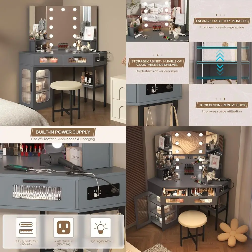 Grey Corner Vanity Desk with Hollywood Mirror, Lights, and Charging Station, Including 2 AC Outlets
Grey Corner Vanity Desk with Hollywood Mirror, Lights, and Charging Station, Including 2 AC Outlets