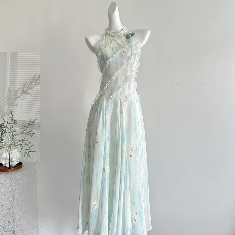 Korean Fashion Sweet Halter Dress Women Summer 2025 Embroidered Floral Ruffles Dress Sleeveless Party A-Line Elegant Long Dress
Korean Fashion Sweet Halter Dress Women Summer 2025 Embroidered Floral Ruffles Dress Sleeveless Party A-Line Elegant Long Dress