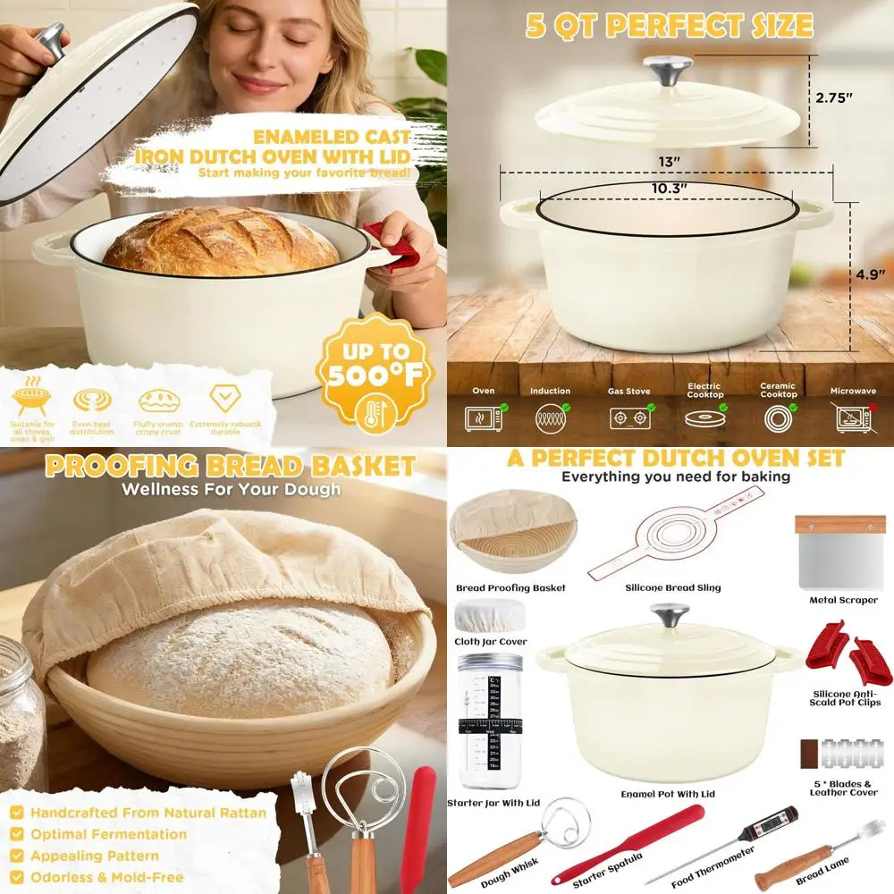 Cast Iron Dutch Oven Pot with Lid, Includes Sourdough Bread Kit: Banneton, Starter Jar, Lame, 5-Quart Oven Safe to 500°F
Cast Iron Dutch Oven Pot with Lid, Includes Sourdough Bread Kit: Banneton, Starter Jar, Lame, 5-Quart Oven Safe to 500°F