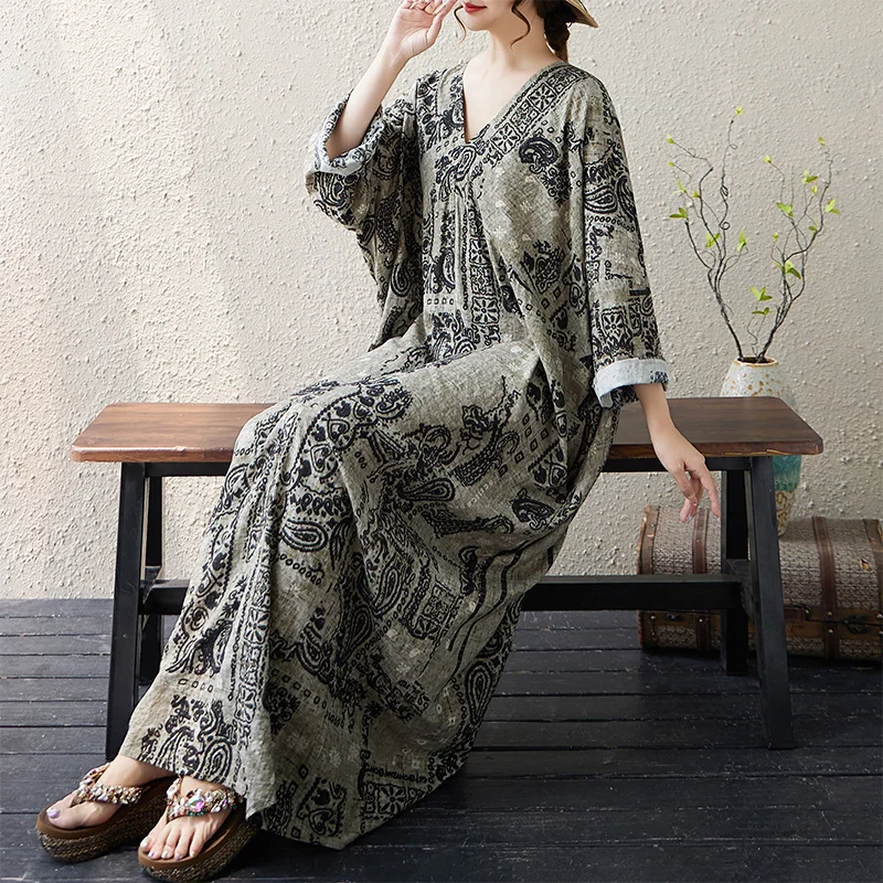 plus Size Long Sleeve V-Neck Loose Fit Slimming Cotton Linen Print Dress Women's Autumn Casual Comfortable A-Line Dress
plus Size Long Sleeve V-Neck Loose Fit Slimming Cotton Linen Print Dress Women's Autumn Casual Comfortable A-Line Dress