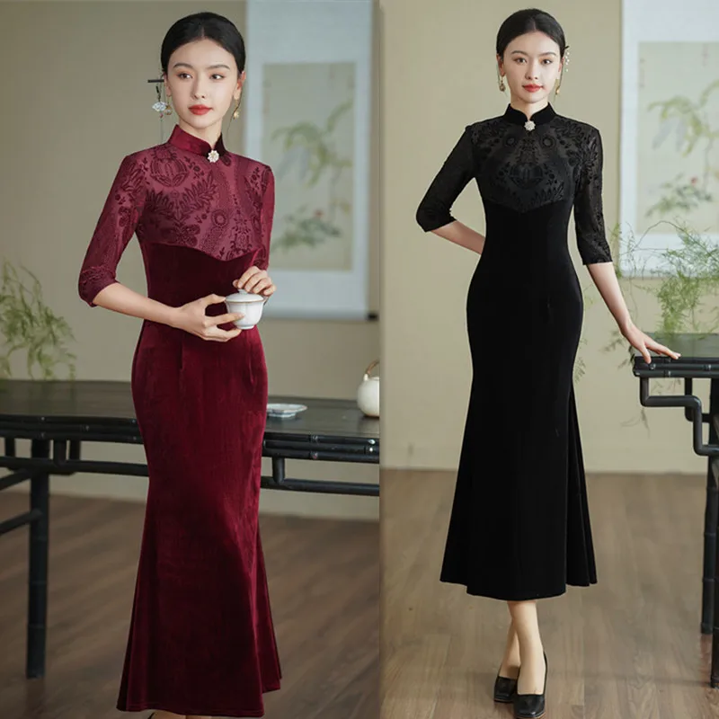 Сплошной цвет бархатный длинный лоскутный Cheongsam с рукавом три четверти рыбий хвост Ци Пао зима новый улучшенный китайский
Сплошной цвет бархатный длинный лоскутный Cheongsam с рукавом три четверти рыбий хвост Ци Пао зима новый улучшенный китайский
