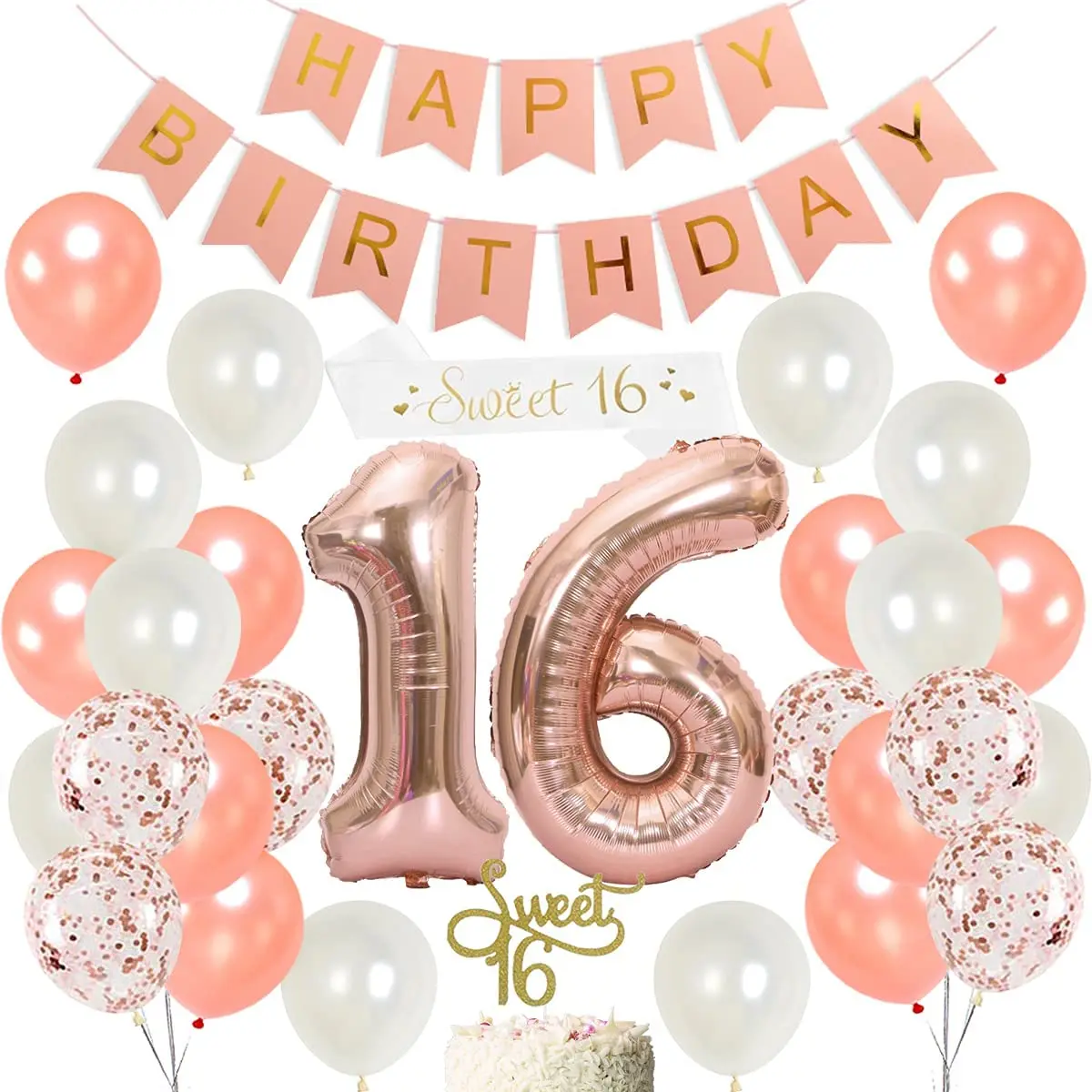 Cake Topper Satin Sash for Girls, Birthday Party Decorations, Rose Gold Confetti Balloons, Number 16 Balloon, Supplies
Cake Topper Satin Sash for Girls, Birthday Party Decorations, Rose Gold Confetti Balloons, Number 16 Balloon, Supplies
