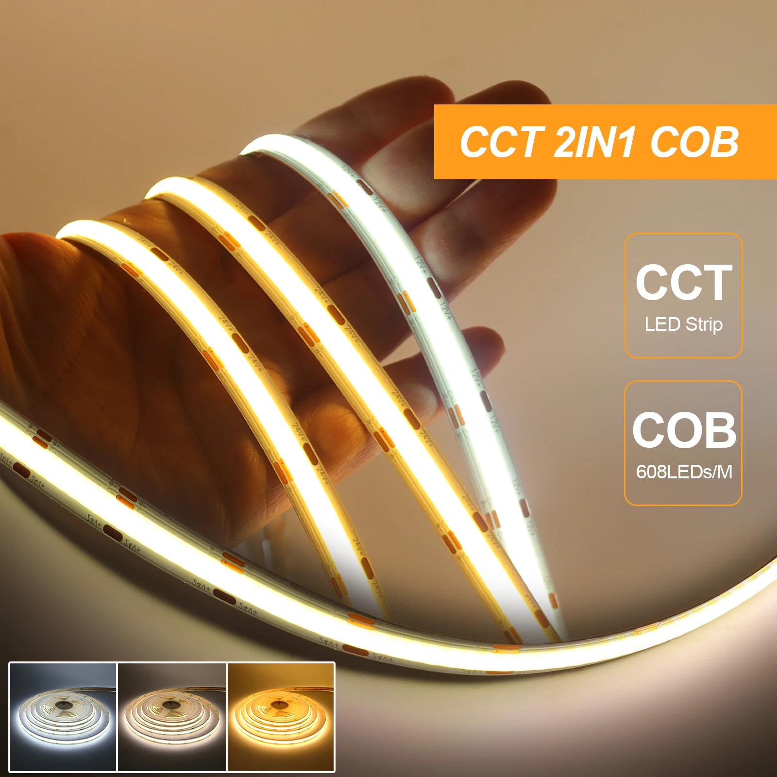 608LEDs/M IP21 IP67 CCT COB LED Strip DC 12V 24V High Density Warm White + Cold White Flexible Ribbon Tape Light Lamp Strip
608LEDs/M IP21 IP67 CCT COB LED Strip DC 12V 24V High Density Warm White + Cold White Flexible Ribbon Tape Light Lamp Strip