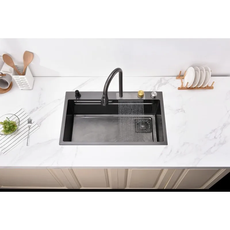 Waterfall Kitchen Sink, Stainless Steel Single Bowl in Black, Multifunctional Workstation with Flying-rain Faucet and Cutting
Waterfall Kitchen Sink, Stainless Steel Single Bowl in Black, Multifunctional Workstation with Flying-rain Faucet and Cutting