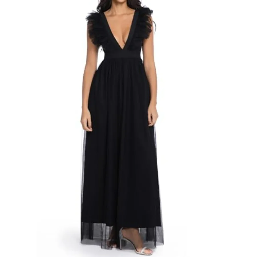 Women's Elegant Sleeveless Deep V Neck Mesh Ruffle Long Formal Party Evening Dress
Women's Elegant Sleeveless Deep V Neck Mesh Ruffle Long Formal Party Evening Dress