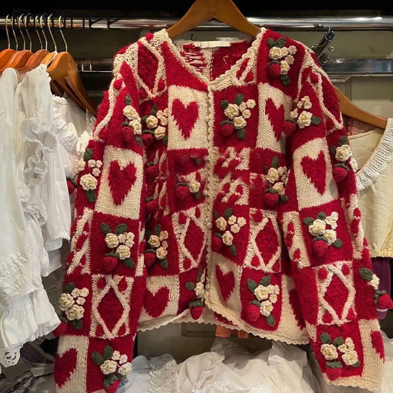 2024 Autumn New Red 3d Flower Knitted Sweater Women Loose Plaid Round Collar Long Sleeve Cardigan Christmas Sweater Sweet
2024 Autumn New Red 3d Flower Knitted Sweater Women Loose Plaid Round Collar Long Sleeve Cardigan Christmas Sweater Sweet