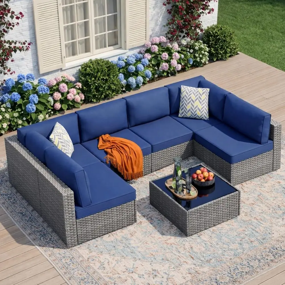 7-Piece Outdoor Patio Sectional Set with Cushions, Glass Table, Weather-Resistant for Poolside, Balcony, Garden, Aegean Blue
7-Piece Outdoor Patio Sectional Set with Cushions, Glass Table, Weather-Resistant for Poolside, Balcony, Garden, Aegean Blue