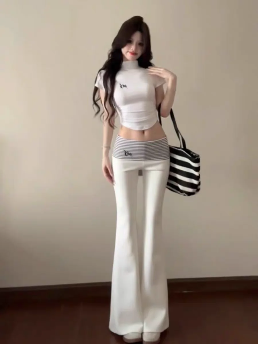Summer 2026 Women's Slim Fit Short Sleeve T-Shirt And Micro Flare Pants Two Piece Set Korean Style Spicy Girl Striped Flip Hem
Summer 2026 Women's Slim Fit Short Sleeve T-Shirt And Micro Flare Pants Two Piece Set Korean Style Spicy Girl Striped Flip Hem