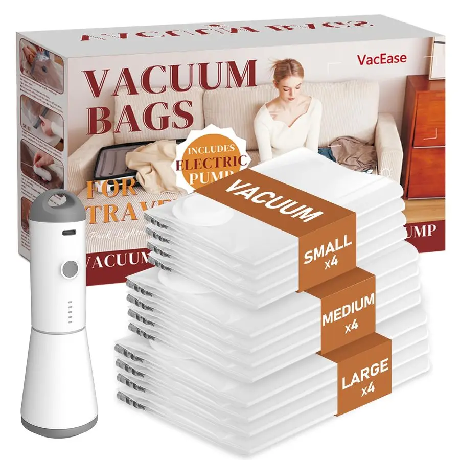 Вакуумные пакеты для хранения с беспроводным перезаряжаемым насосом, 12 штук: 4 больших, 4 средних, 4 малых, компрессионные пакеты для одежды
Вакуумные пакеты для хранения с беспроводным перезаряжаемым насосом, 12 штук: 4 больших, 4 средних, 4 малых, компрессионные пакеты для одежды