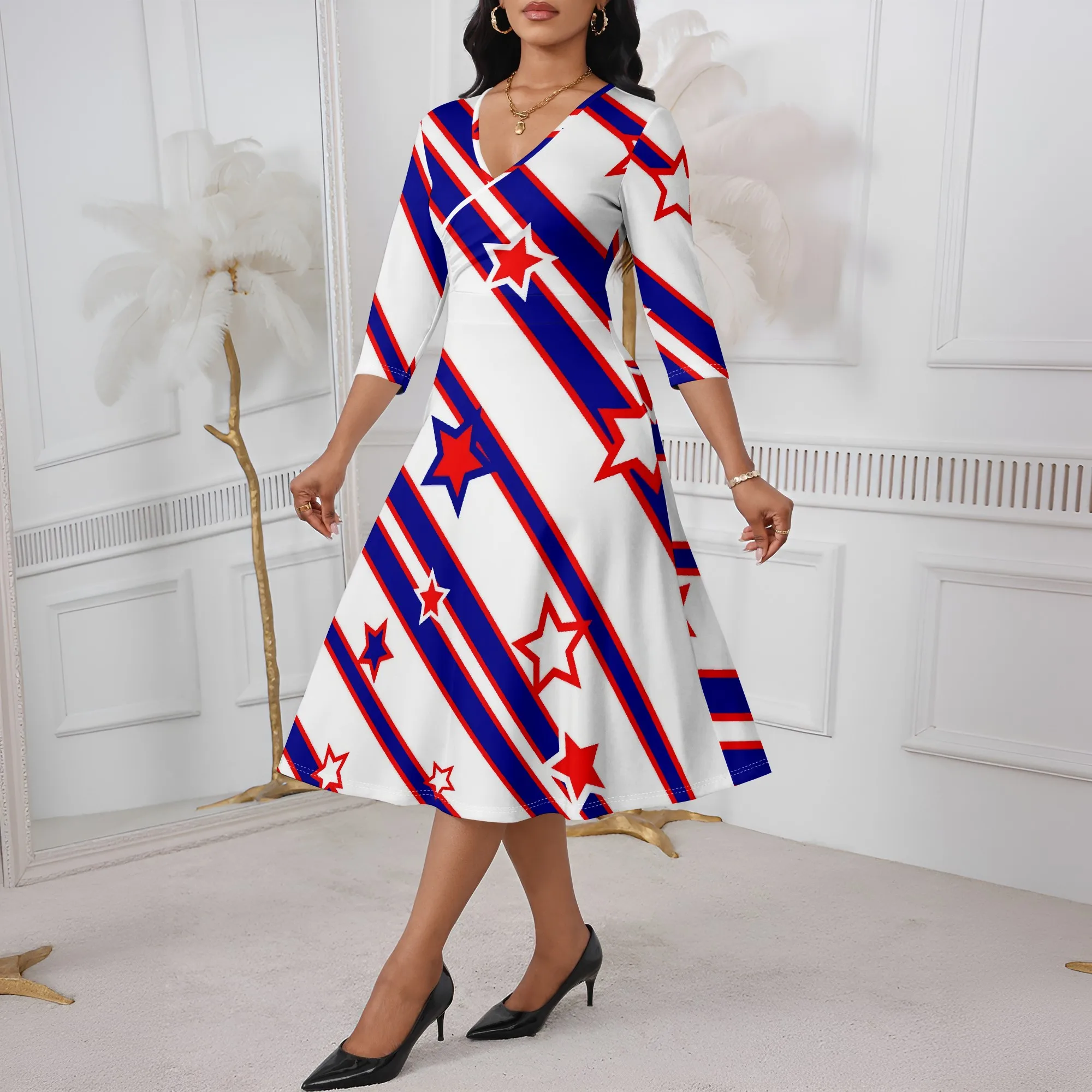Stars and Stripes Print Wrap Dress XS-3XL Red White Blue A-Line Style with V-Neck for 4th of July, BBQ or Patriotic Parade Look
Stars and Stripes Print Wrap Dress XS-3XL Red White Blue A-Line Style with V-Neck for 4th of July, BBQ or Patriotic Parade Look