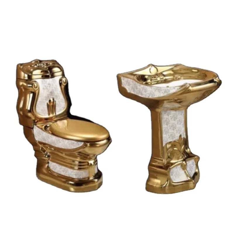 Set Vintage Bathroom Product Floor Mounted Ceramic Washdown Two Piece Toilet and Pedestal Basin Set with Golden Design
Set Vintage Bathroom Product Floor Mounted Ceramic Washdown Two Piece Toilet and Pedestal Basin Set with Golden Design