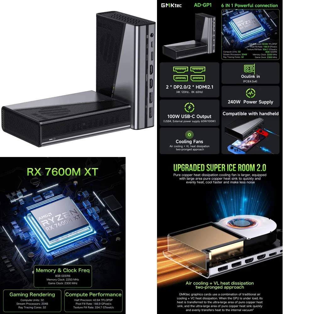 GMKtec AD-GP1 External GPU Docking Station EGPU Enclosure with AMD Radeon 7600M XT Graphics Card for Mini PC Laptop for
GMKtec AD-GP1 External GPU Docking Station EGPU Enclosure with AMD Radeon 7600M XT Graphics Card for Mini PC Laptop for
