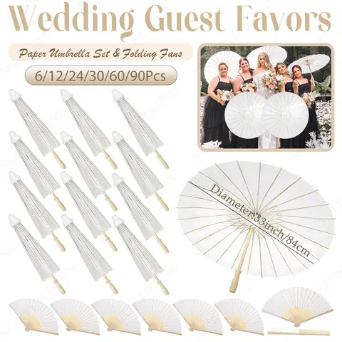 6-90Pcs 33inch Wedding Paper Umbrella Paper Parasol for Guests Wedding Photography Props with Fans Wedding Paper Faver for Guest