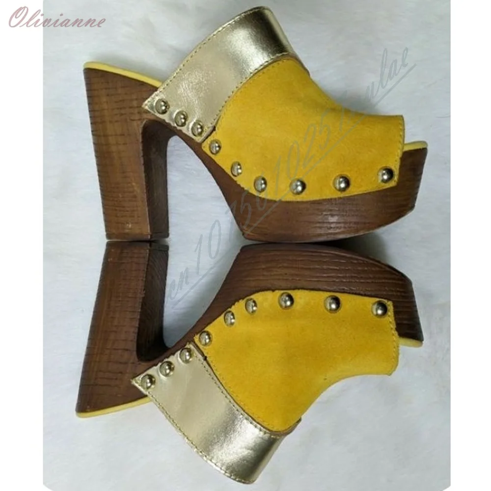 Women Yellow Suede Gold Metallic Spliced Rivet Stud Slippers Chunky Block Heel Vintage Western 2026 Summer Slide Sandal Heels
Women Yellow Suede Gold Metallic Spliced Rivet Stud Slippers Chunky Block Heel Vintage Western 2026 Summer Slide Sandal Heels