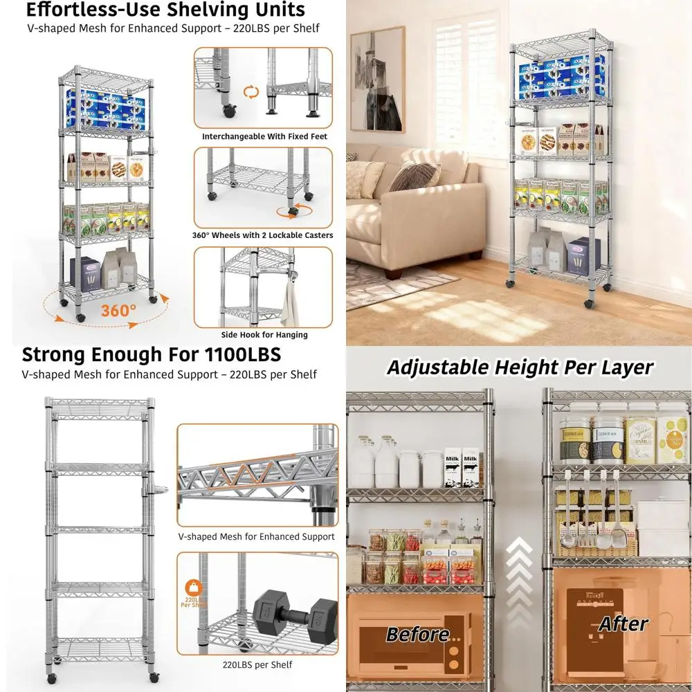 Heavy-Duty 5-Tier Metal Wire Rolling Shelves, Adjustable, 1100 lbs Capacity, 61H for Kitchen, Pantry, Garage, Bedroom
Heavy-Duty 5-Tier Metal Wire Rolling Shelves, Adjustable, 1100 lbs Capacity, 61H for Kitchen, Pantry, Garage, Bedroom